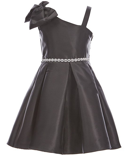 Color:Black - Image 1 - Big Girls 7-16 Asymmetrical-Neckline Fit-And-Flare Mikado Dress