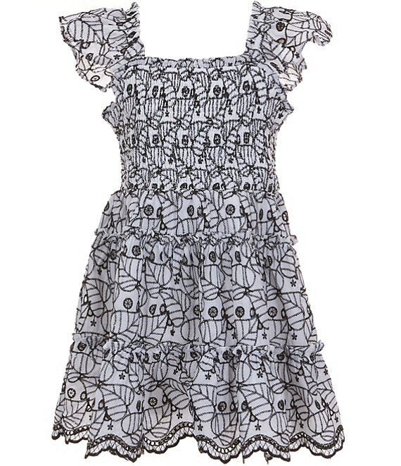 Rare Editions Big Girls Eyelet Flutter Sleeve Smocked Scallop Hem Dress, White - Image 1