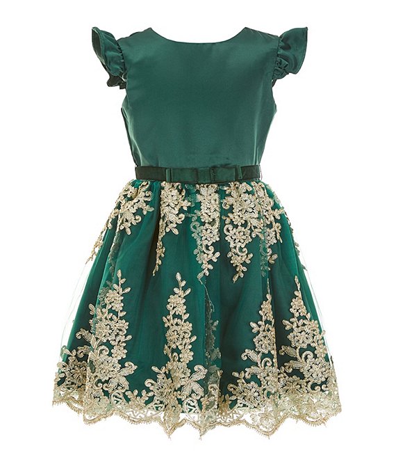 Rare Editions Big Girls 7-16 Flutter-Sleeve Bodice/Metallic-Embroidered Skirted Satin Fit-And-Flare Dress