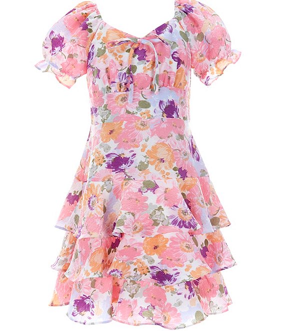 Rare Editions Big Girls 7-16 Puffed-Sleeve Floral-Printed Tiered Empire ...