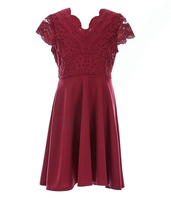 Color:Burgundy - Image 1 - Big Girls 7-16 Scalloped-Lace/Scuba Fit-And-Flare Dress