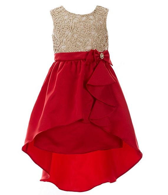 Color:Red - Image 1 - Big Girls 7-16 Sleeveless Embroidered High-Low Satin Dress