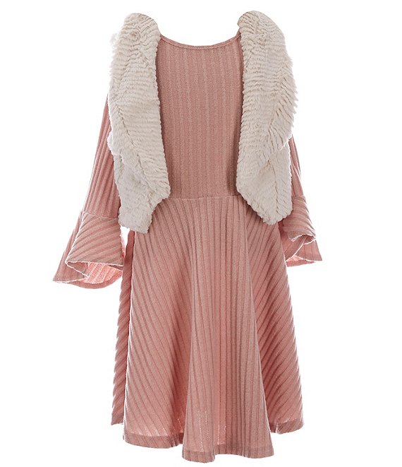 Color:Blush - Image 1 - Big Girls 7-16 Sleeveless Faux-Fur Vest & Bell-Sleeve Brushed-Rib-Knit Fit-And-Flare Dress 2-Piece Set