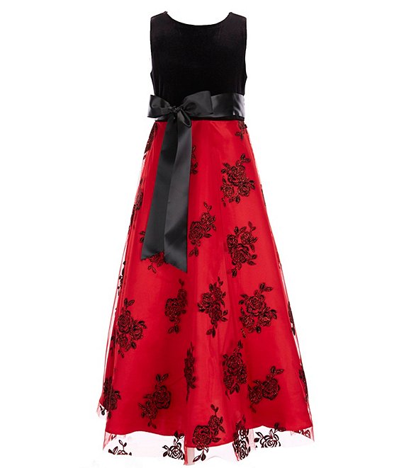 Color:Red - Image 1 - Big Girls 7-16 Sleeveless Velvet Glitter-Rose-Embroidered-Mesh Long Skirt Dress