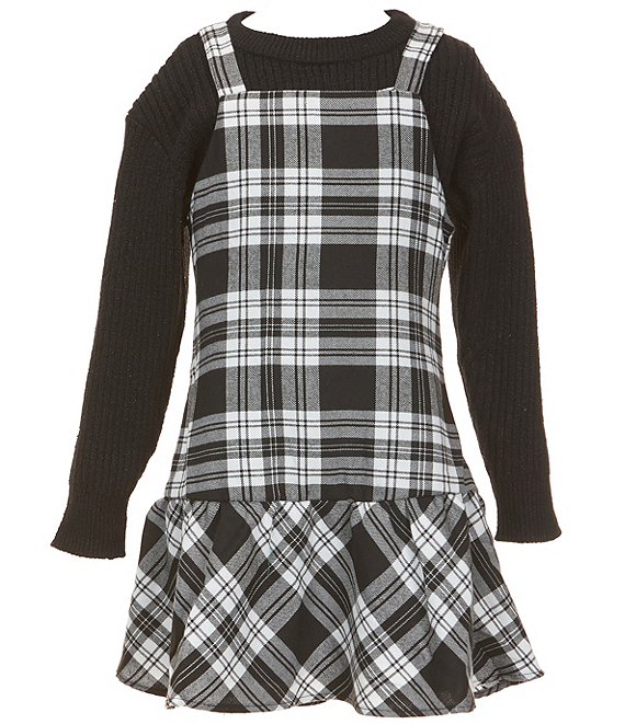Rare Editions Big Girls Long-Sleeve Wool-Blend Sweater & Sleeveless Plaid Drop-Waist Dress, Black - Image 1