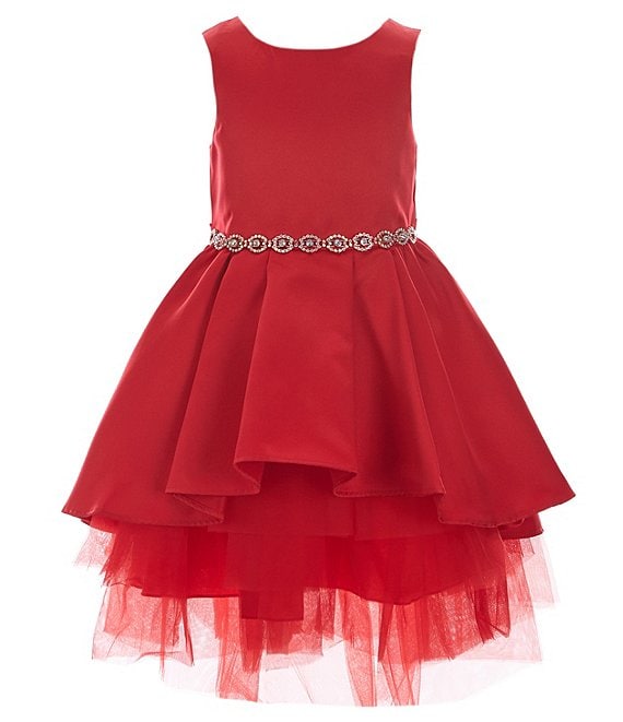 Color:Red - Image 1 - Little Girls 2T-6X Satin Tiered Hi-Low Hem Skirt Party Dress