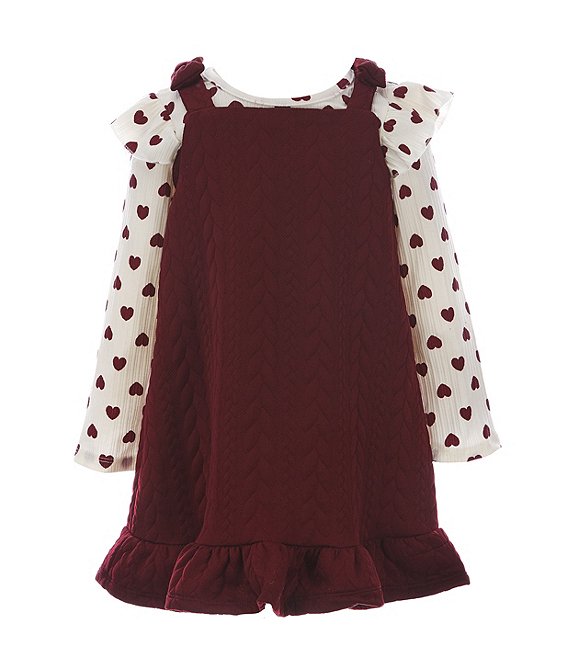 Color:Burgundy - Image 1 - Little Girls 2T-6X Heart Printed Rib Knit Top Textured Knit Jumper Dress