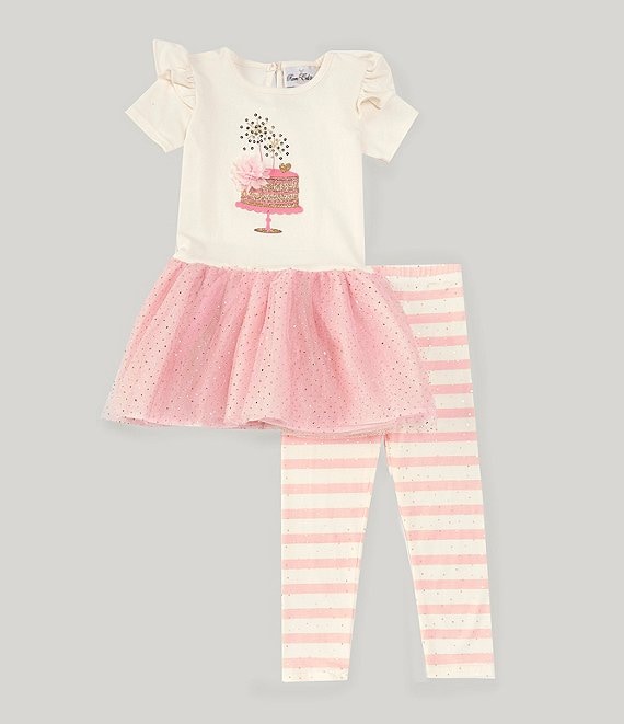 Rare Editions Little Girls 2T-6X 3/4 Sleeve Birthday Cake Fit-And-Flare  Dress & Striped Leggings Set