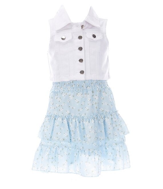 Rare Editions Little Girls 2T-6X Denim Vest & Floral Smocked Tiered Dress Set