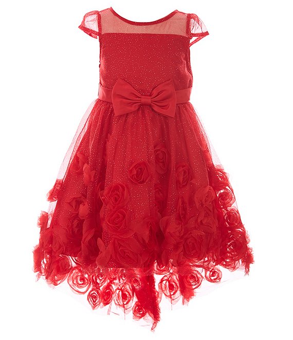 Color:Red - Image 1 - Little Girls 2T-6X Illusion Glitter Mesh Soutache Hi-Low Dress