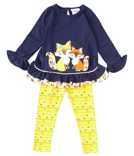 Color:Navy - Image 1 - Little Girls 2T-6X Long-Sleeve Fox-Applique Tunic Top & Printed Leggings 2-Piece Set