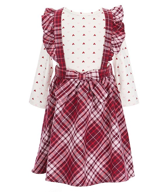 Color:Mauve/White - Image 1 - Little Girls 2T-6X Long-Sleeve Heart Printed Top With Plaid Fleece Jumper Dress