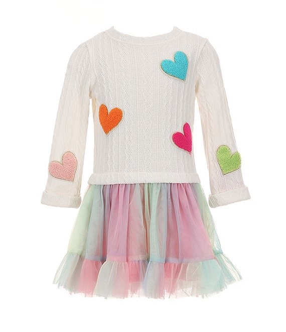 Rare Editions Little Girls 2T 6X Long Sleeve Heart Sweater Knit Bodice Rainbow Tulle Skirted Popover Dress