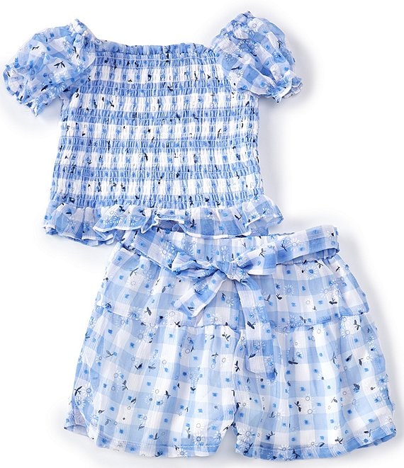 Rare Editions Little Girls 2T-6X Puffed Sleeve Yarn-Dyed-Gingham Daisy-Printed Peasant Top & Matching Shorts 2-Piece Set