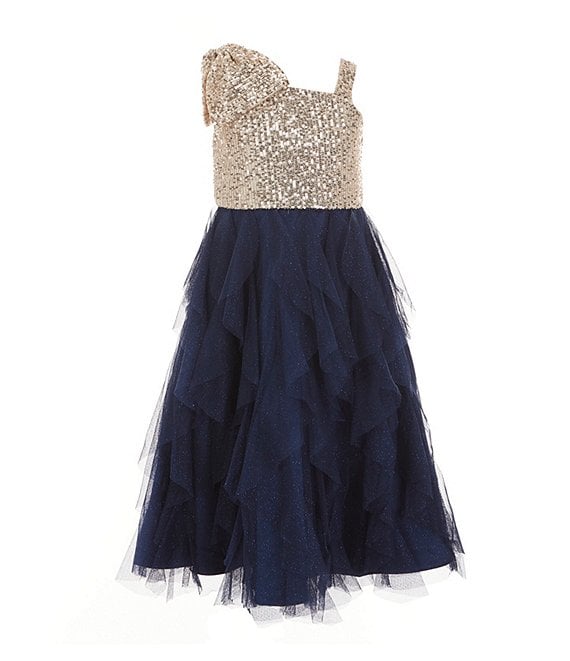 Color:Navy - Image 1 - Little Girls 2T-6X Sequin-Embellished Asymmetrical-Neck/Glitter-Accented Mesh Skirt Fit And Flare Dress