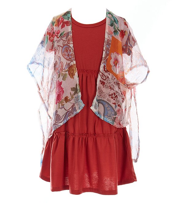 Color:Rust - Image 1 - Little Girls 4-6X Printed Short Sleeve Kimono & Rib-Knit Tiered Dress 2-Piece Set