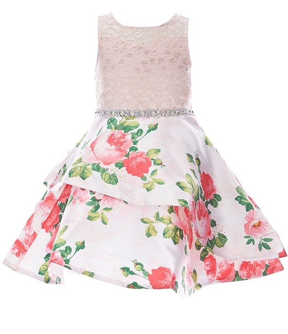 Color:Blush - Image 1 - Little Girls 4-6X Sleeveless Illusion-Lace/Floral Fit-And-Flare Dress