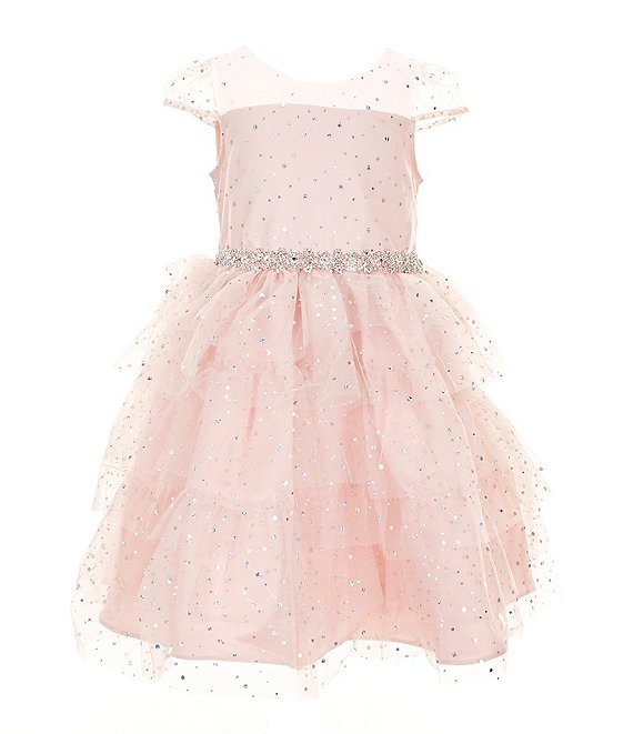 Rare Editions Little Girls Metallic Foil Dot Mesh Illusion Gown, Blush - Image 1