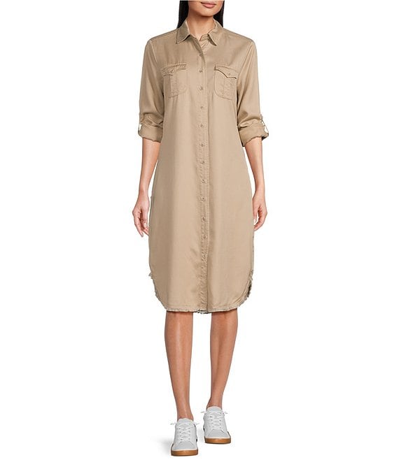 Color:Latte - Image 1 - Annie Point Collar 3/4 Roll-Tab Sleeve Button Front Frayed Hem Shirt Dress