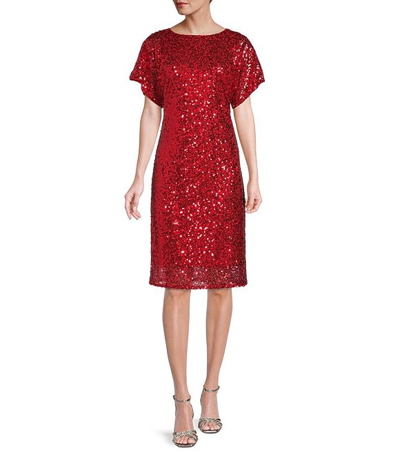 Color:Red - Image 1 - Bateau Neck Dolman Short Sleeve Sequin Dress
