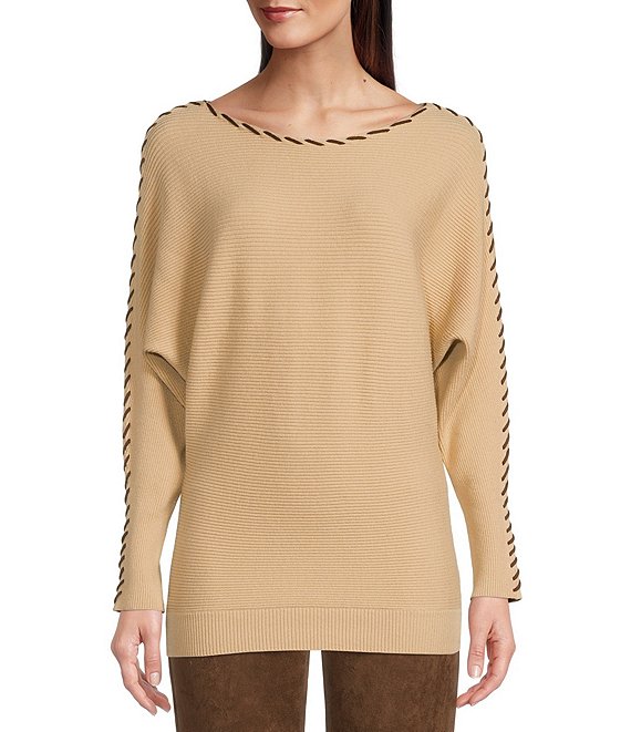 Color:Beige - Image 1 - Bateau Neck Dolman Sleeve Whipstitch Detail Ribbed Sweater
