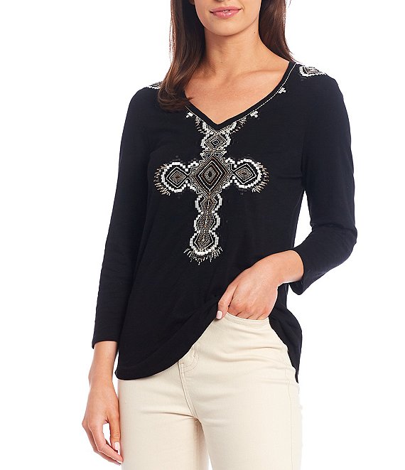 Color:Black - Image 1 - Bella V-Neck 3/4 Sleeve Embroidered Cross Knit Tee