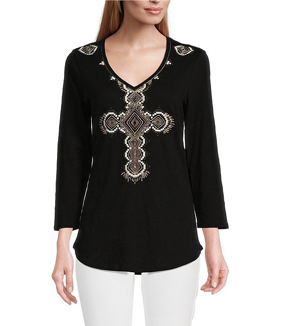 Color:Black - Image 1 - Bella V-Neck 3/4 Sleeve Embroidered Cross Knit Tee Shirt