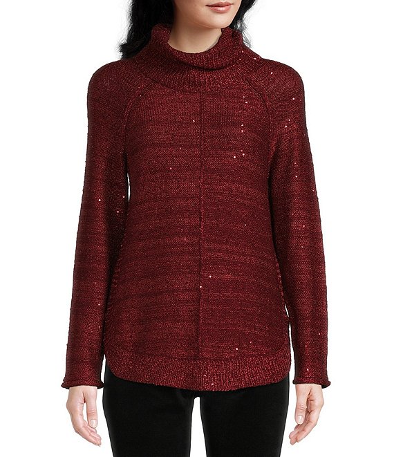 Color:Red - Image 1 - Catalina Draped Mock Neck Raglan Sleeve Sequin Sweater