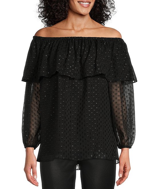 Color:Black - Image 1 - Clip Dot Off-the-Shoulder 3/4 Sleeve Ruffle Layered Top