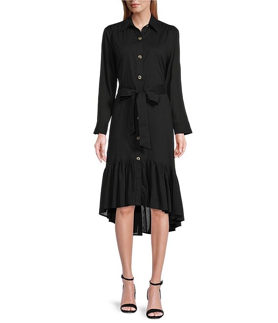 Color:Black - Image 1 - Cotton Voile Point Collar Long Roll-Tab Sleeve Button Front Tie Waist High-Low Midi Shirt Dress