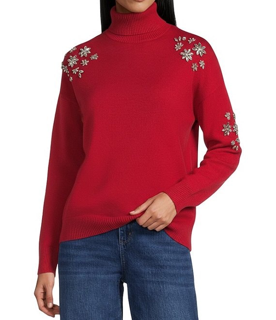 Reba Dahlia Ribbed Jersey Knit Turtle Neck Long Sleeve Sweater
