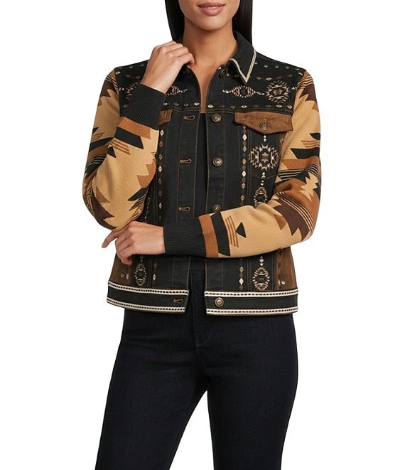 Reba Denim Faux Suede Knit Jacquard Point Collar Long Sleeve Embroidered Button Front Jacket, Black Multi - Image 1