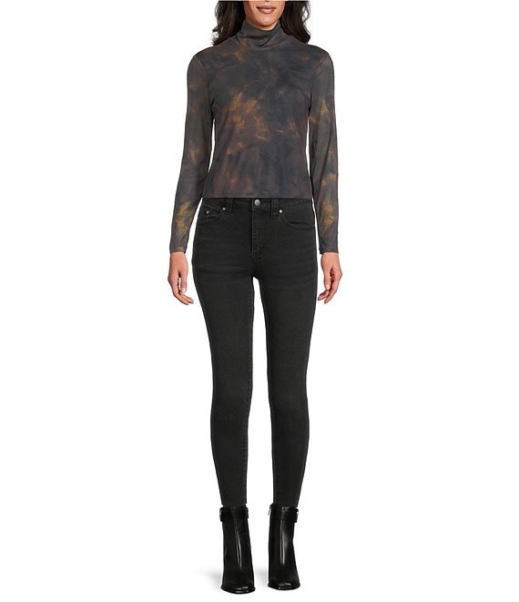 Reba Dustwood Mesh Knit Abstract Print Mock Neck Long Sleeve Top