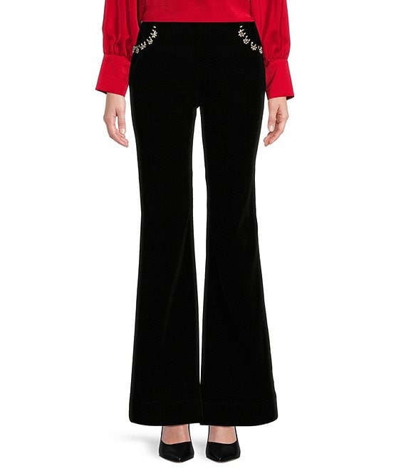 Color:Black - Image 1 - Embellished Flared Velvet Pants