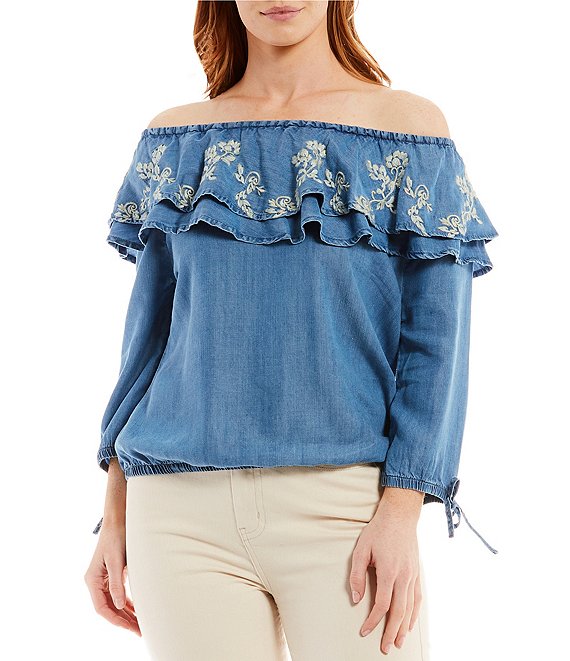 Color:Medium Wash - Image 1 - Embroidered Off-the-Shoulder Tie 3/4 Raglan Sleeve Ruffle Chambray Top