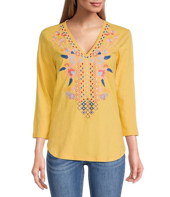 Reba Embroidered V-Neck 3/4 Sleeve Butter Knit Tee