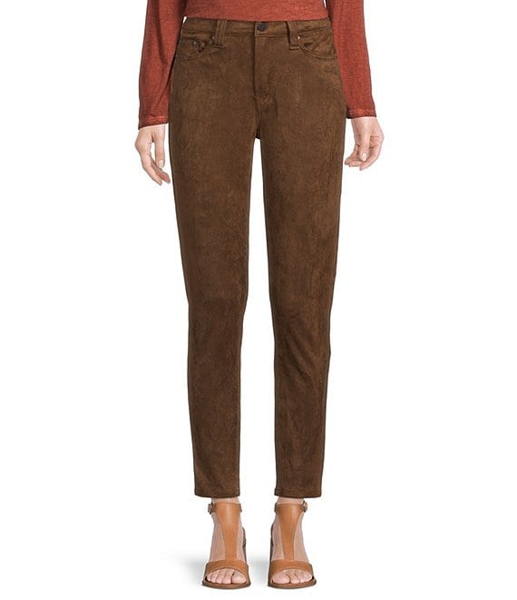 Color:Chocolate - Image 1 - Faux Suede 5-Pocket Skinny Leg Mid Rise Ankle Pants