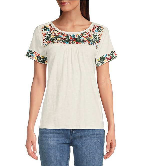 Reba Floral Embroidered Short Sleeve Round Neck Knit Tee