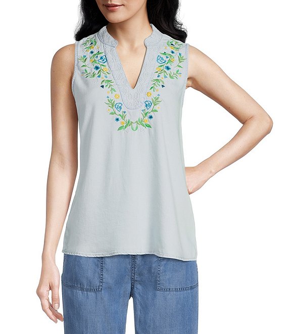 Reba Floral Embroidered V-Neck Sleeveless High-Low Hem Chambray Top