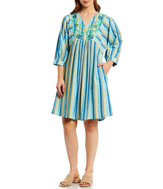 Color:Multi - Image 1 - Floral Embroidered Yarn Dye Stripe V-Neck 3/4 Dolman Puff Sleeve Pocketed Empire Dress