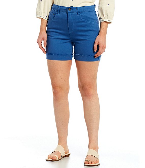 Color:Blue - Image 1 - Frayed Cuff Hem Stretch Mid Rise Denim Shorts
