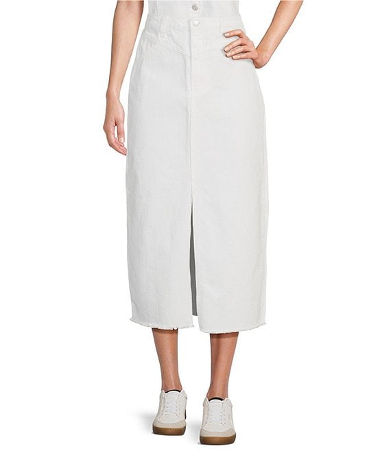 Color:White - Image 1 - Front Slit Denim Midi Skirt