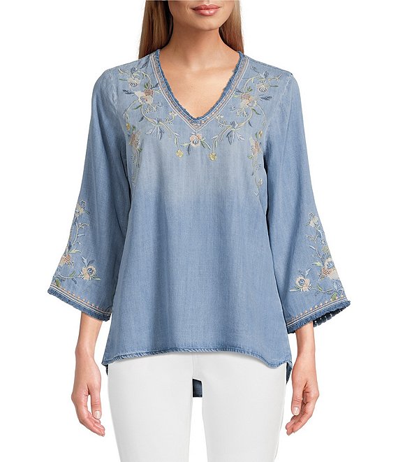 Color:Med Wash - Image 1 - Hailey Chambray Floral Embroidered V-Neck Tunic