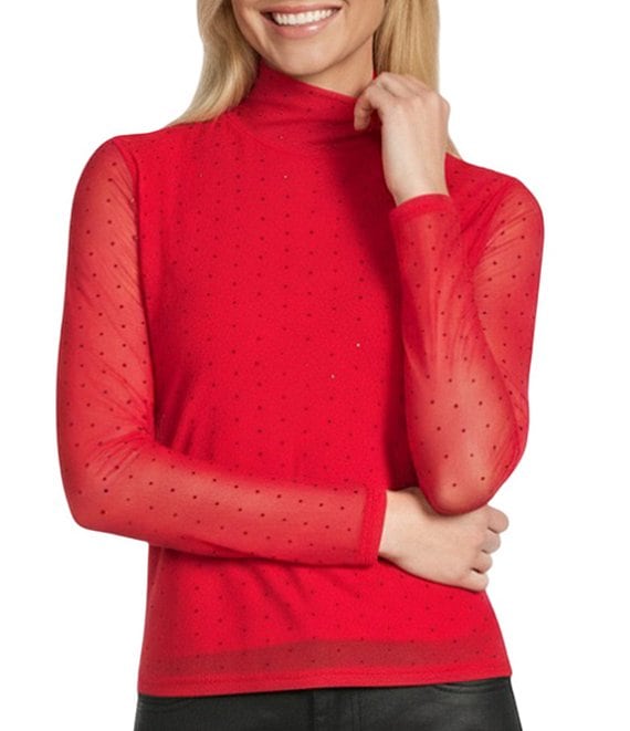 Reba Jeweled Mesh Knit Mock Neck Long Sleeve Tee, Christmas Red - Image 1