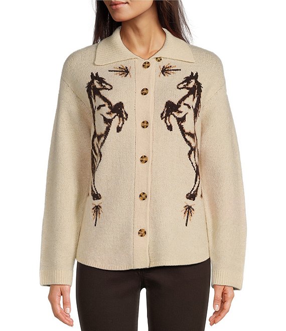 Color:Cream - Image 1 - Long Sleeve Button Front Horse Motif Sweater Cardigan
