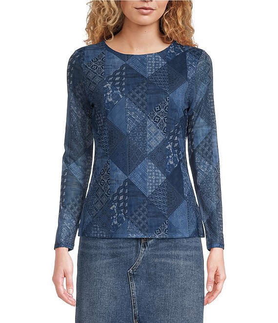 Reba Mesh Patchwork Graphic Print Crew Neck Sheer Long Sleeve Tee Shirt ...