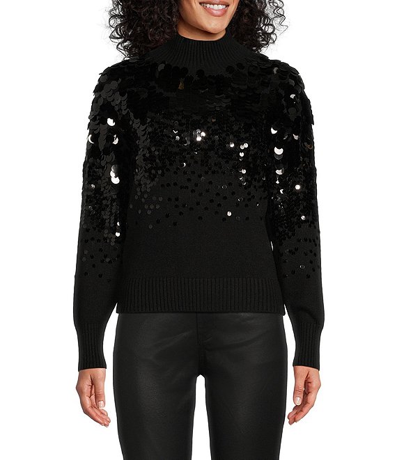 Color:Black - Image 1 - Mock Ribbed Neck Paillette Sequin Sweater