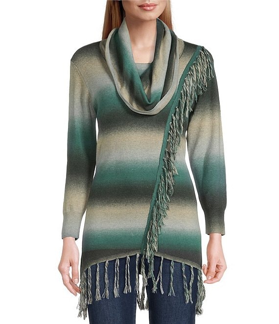 Color:Olive Ombre - Image 1 - Monica Cowl Neck Long Sleeve High-Low Hem Ombre Fringe Sweater