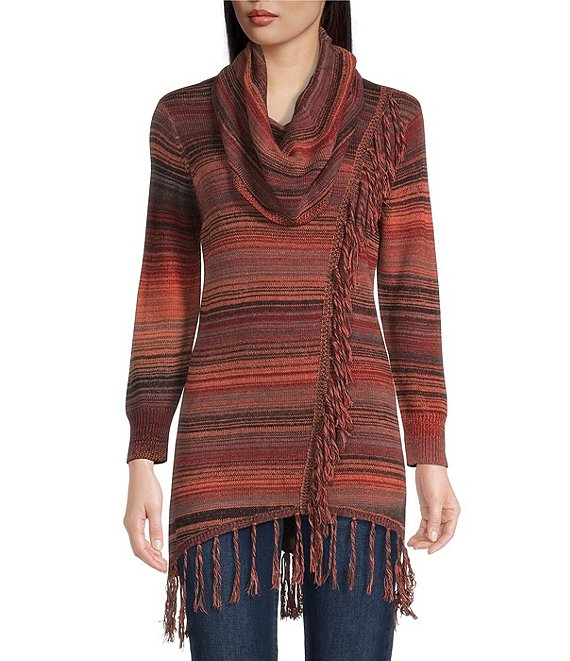 Color:Multi - Image 1 - Monica Cowl Neck Long Sleeve High-Low Hem Striped Fringe Sweater