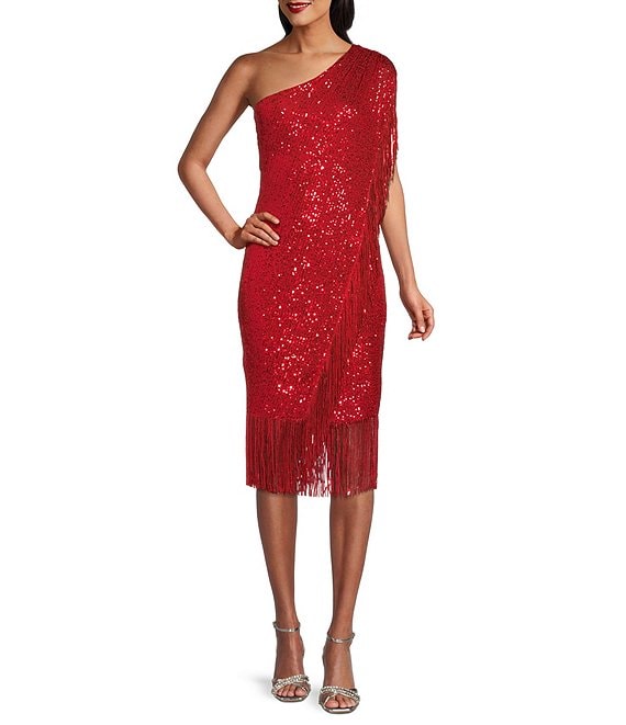 Color:Red - Image 1 - One Shoulder Draped Fringe Sequined Mesh Sheath Dress